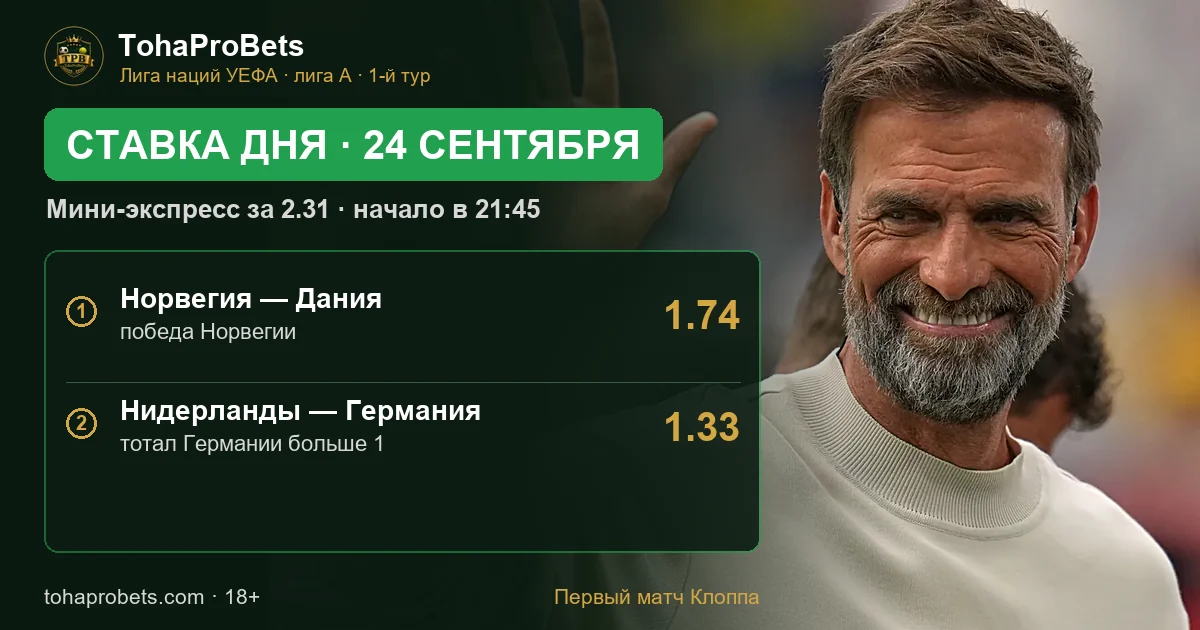 Обложка ставки дня 24 сентября: мини-экспресс за 2.31 — победа Норвегии над Данией и тотал Германии больше 1 в матче с Нидерландами в Лиге наций