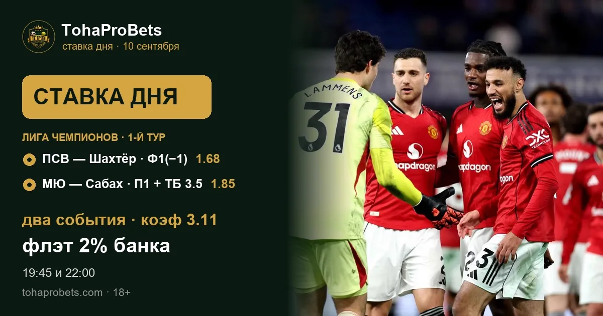 Ставка дня 10 сентября — два события за 3.11: фора -1 на ПСВ в матче с Шахтёром и победа Манчестер Юнайтед плюс тотал больше 3.5 в матче с Сабахом в первом туре Лиги чемпионов